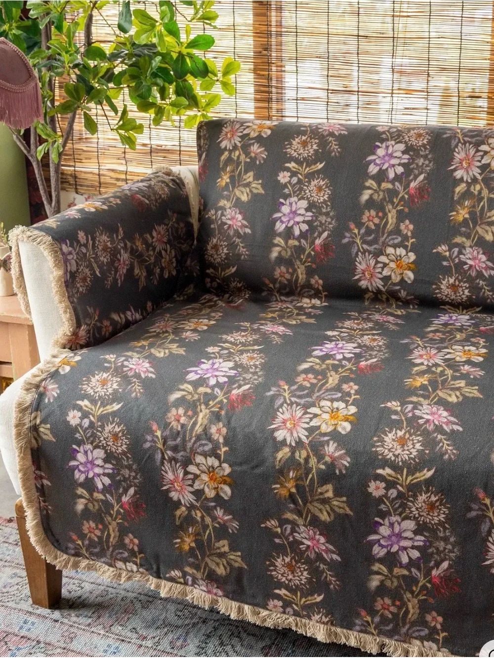 Natural Life Cotton Sofa Couch Cover Colorful Floral Fringe Multicolor